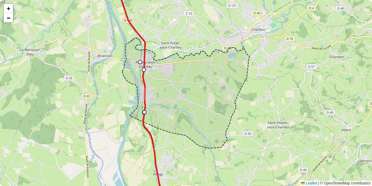 Carte du réseau de transport en commun à Pouilly-sous-Charlieu - lignes de bus et arrêts