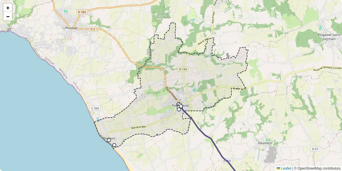 Carte du réseau de transport en commun à Pouldreuzic - lignes de bus et arrêts