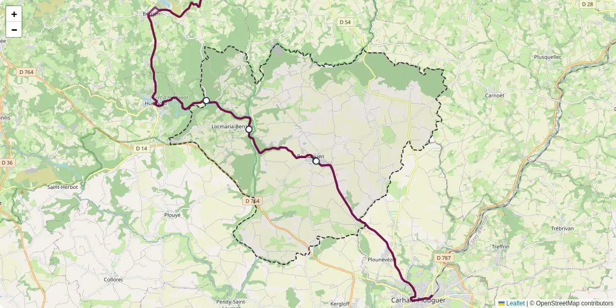 Carte du réseau de transport en commun à Poullaouen - lignes de bus et arrêts
