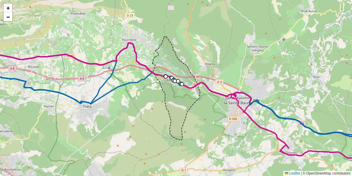 Carte du réseau de transport en commun à Pourcieux - lignes de bus et arrêts