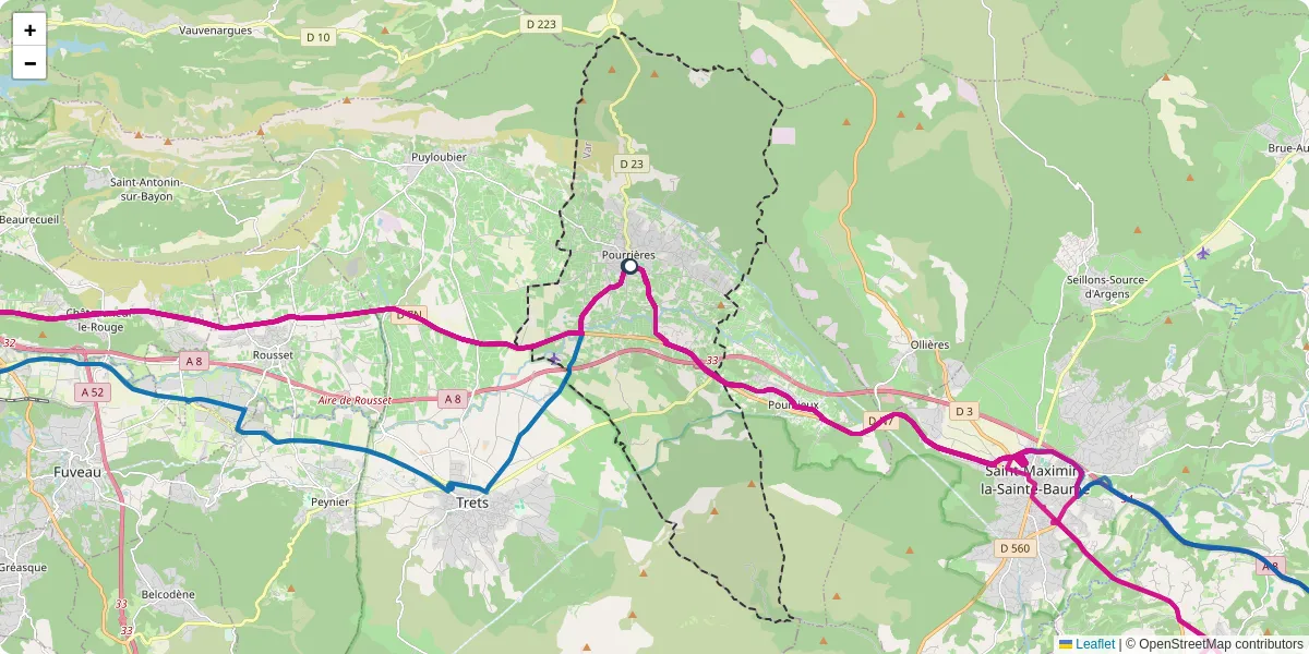 Carte du réseau de transport en commun à Pourrières - lignes de bus et arrêts