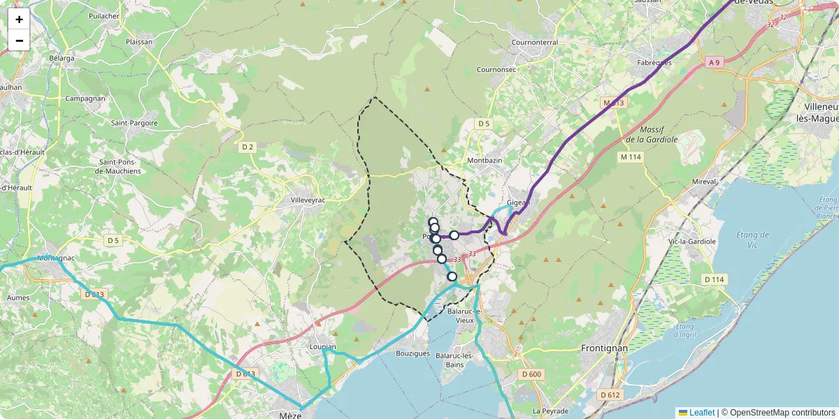Carte du réseau de transport en commun à Poussan - lignes de bus et arrêts