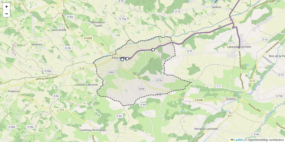 Carte du réseau de transport en commun à Pouy-de-Touges - lignes de bus et arrêts