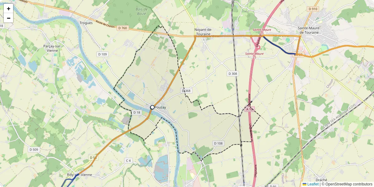 Carte du réseau de transport en commun à Pouzay - lignes de bus et arrêts