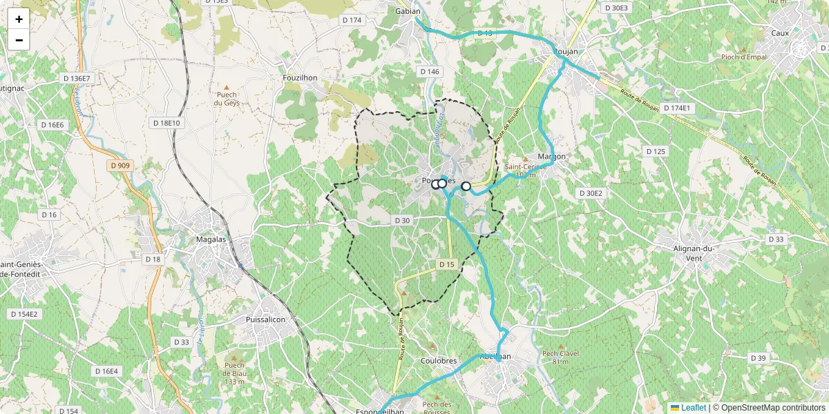 Carte du réseau de transport en commun à Pouzolles - lignes de bus et arrêts