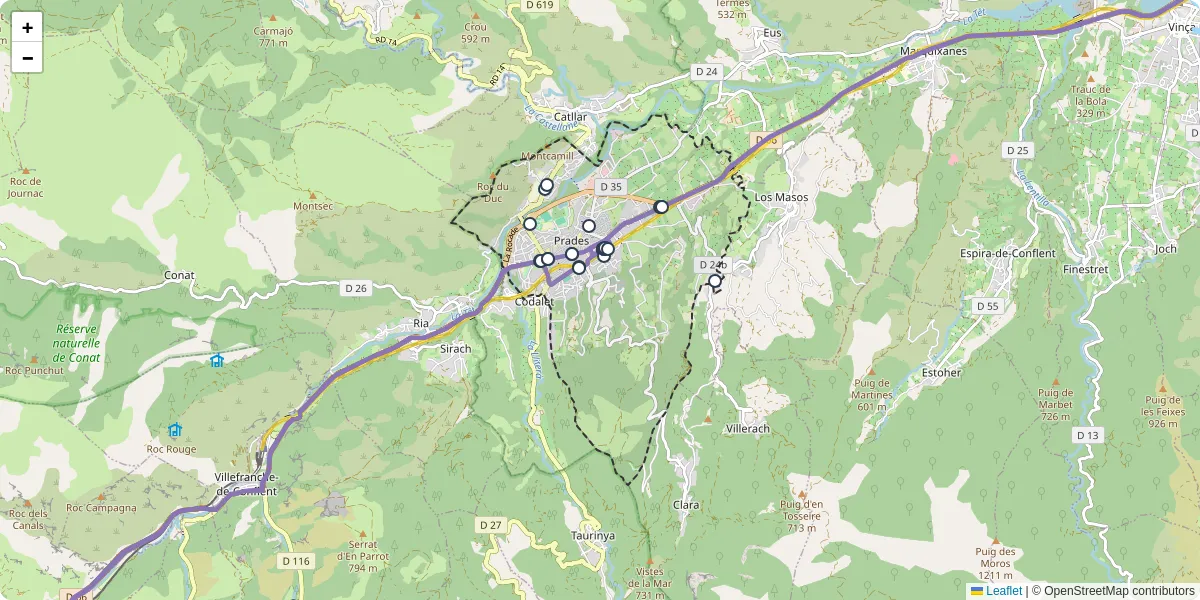 Carte du réseau de transport en commun à Prades - lignes de bus et arrêts