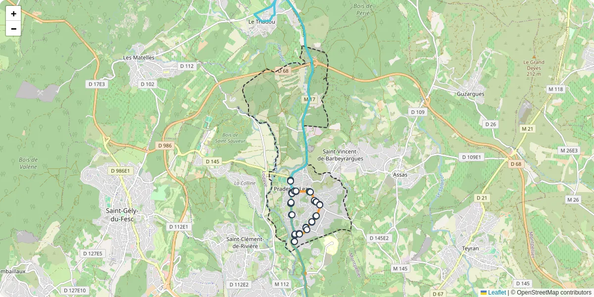 Carte du réseau de transport en commun à Prades-le-Lez - lignes de bus et arrêts