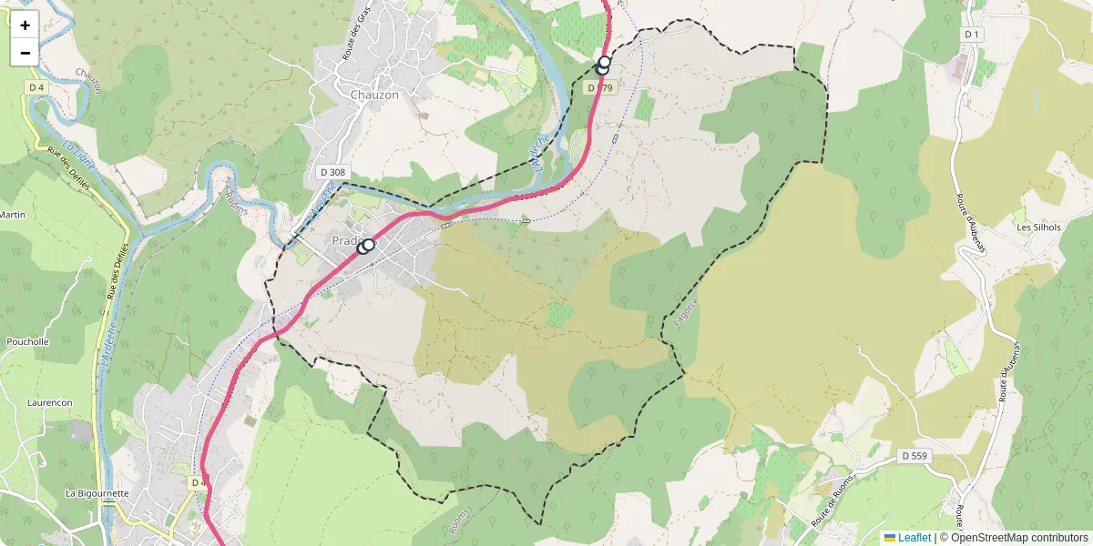 Carte du réseau de transport en commun à Pradons - lignes de bus et arrêts