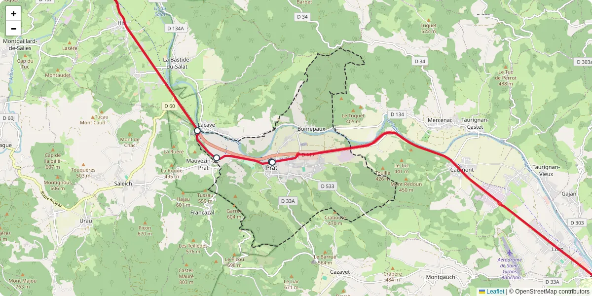 Carte du réseau de transport en commun à Prat-Bonrepaux - lignes de bus et arrêts