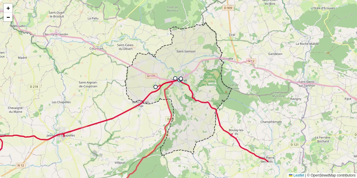 Carte du réseau de transport en commun à Pré-en-Pail-Saint-Samson - lignes de bus et arrêts