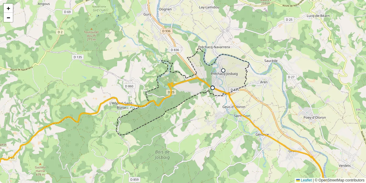 Carte du réseau de transport en commun à Préchacq-Josbaig - lignes de bus et arrêts