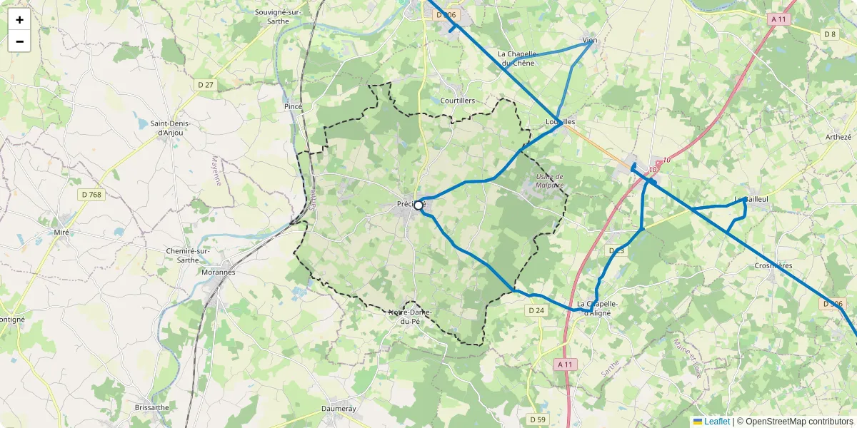 Carte du réseau de transport en commun à Précigné - lignes de bus et arrêts