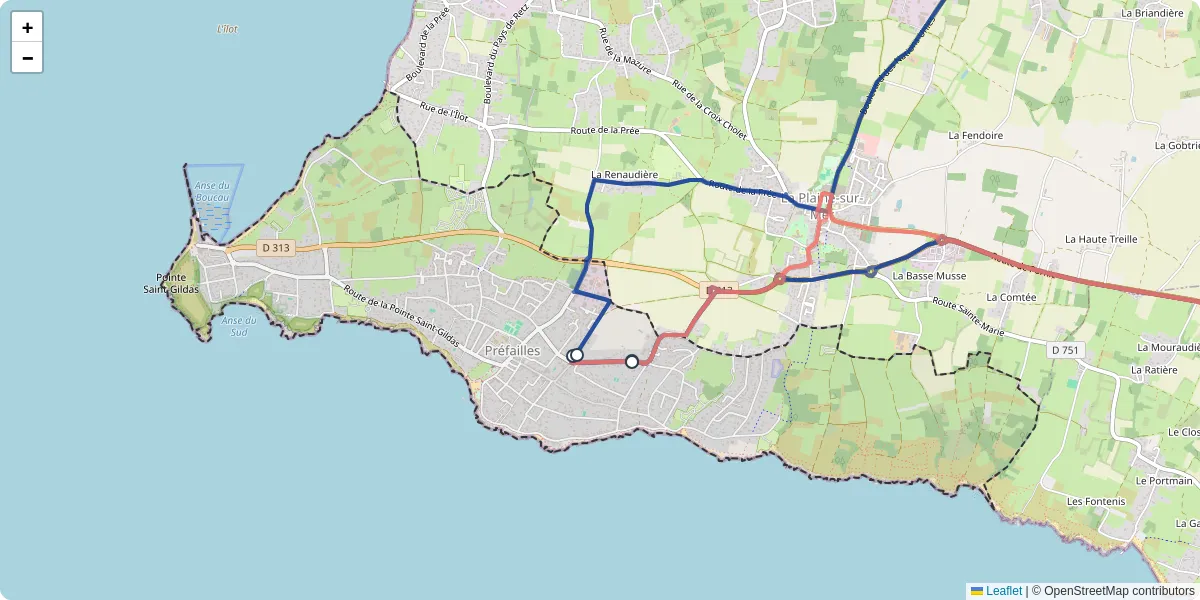 Carte du réseau de transport en commun à Préfailles - lignes de bus et arrêts