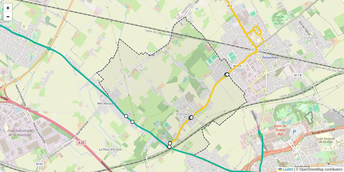 Carte du réseau de transport en commun à Prémesques - lignes de bus et arrêts