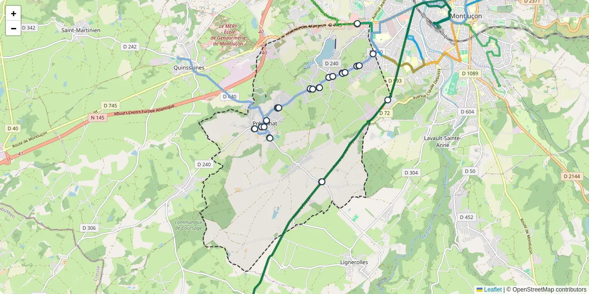 Carte du réseau de transport en commun à Prémilhat - lignes de bus et arrêts