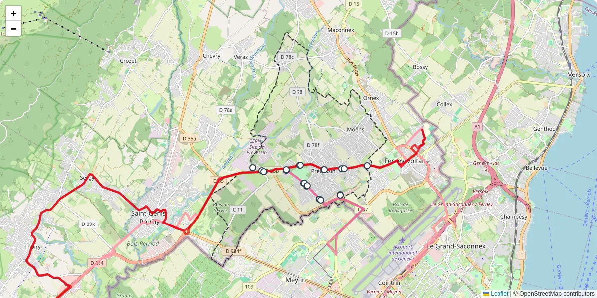 Carte du réseau de transport en commun à Prévessin-Moëns - lignes de bus et arrêts