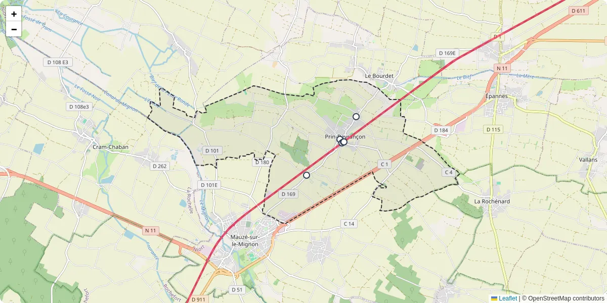 Carte du réseau de transport en commun à Prin-Deyrançon - lignes de bus et arrêts