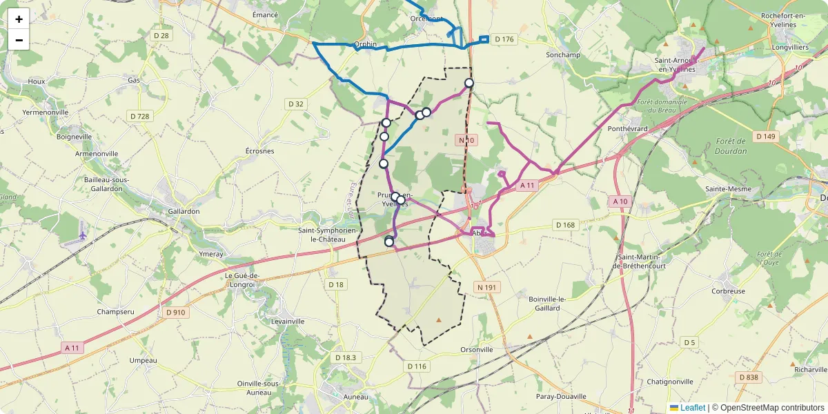 Carte du réseau de transport en commun à Prunay-en-Yvelines - lignes de bus et arrêts