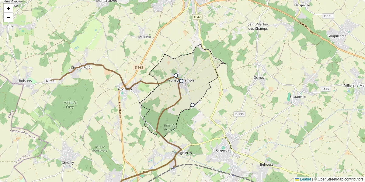 Carte du réseau de transport en commun à Prunay-le-Temple - lignes de bus et arrêts