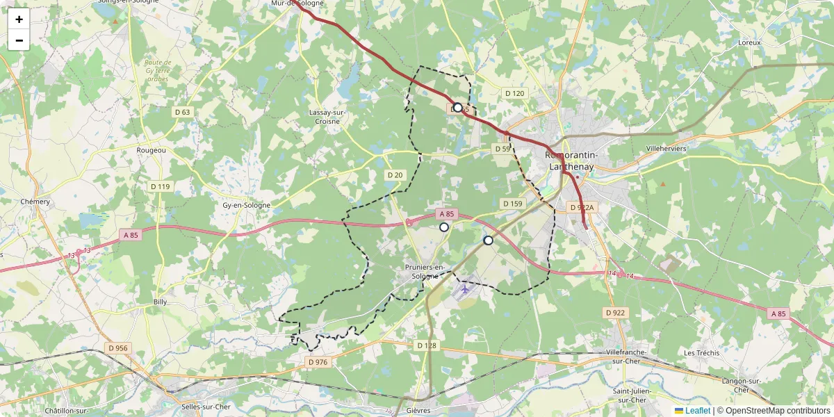 Carte du réseau de transport en commun à Pruniers-en-Sologne - lignes de bus et arrêts