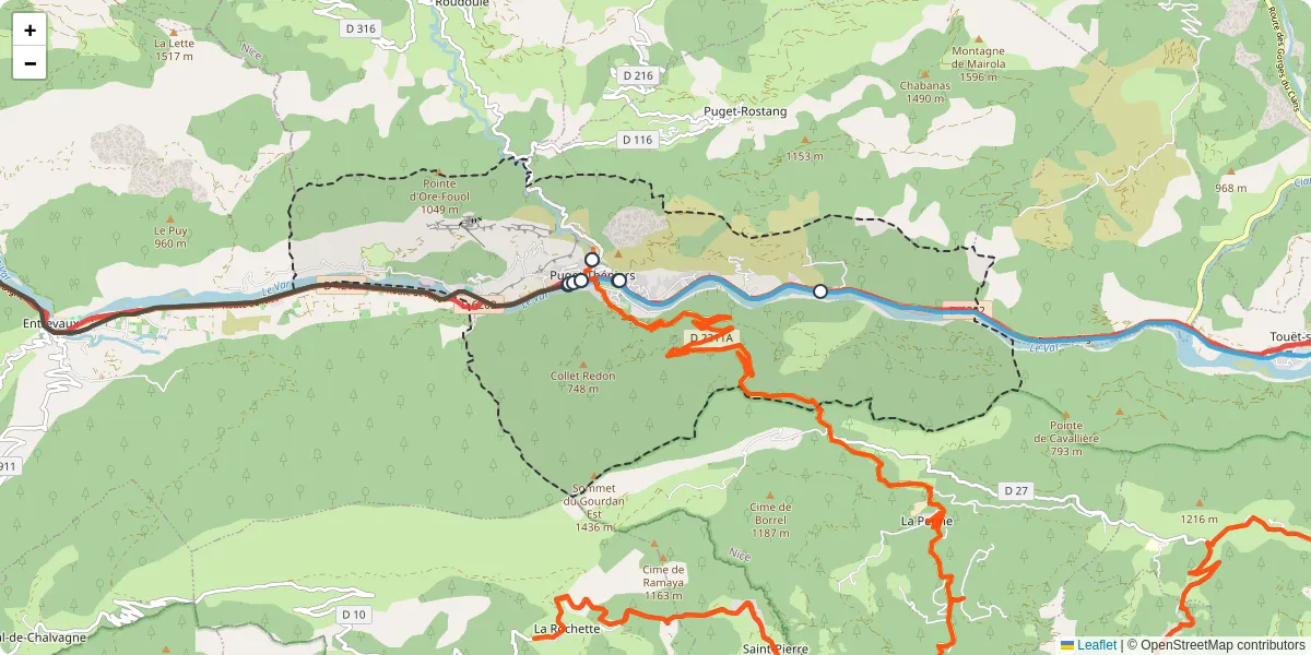 Carte du réseau de transport en commun à Puget-Théniers - lignes de bus et arrêts