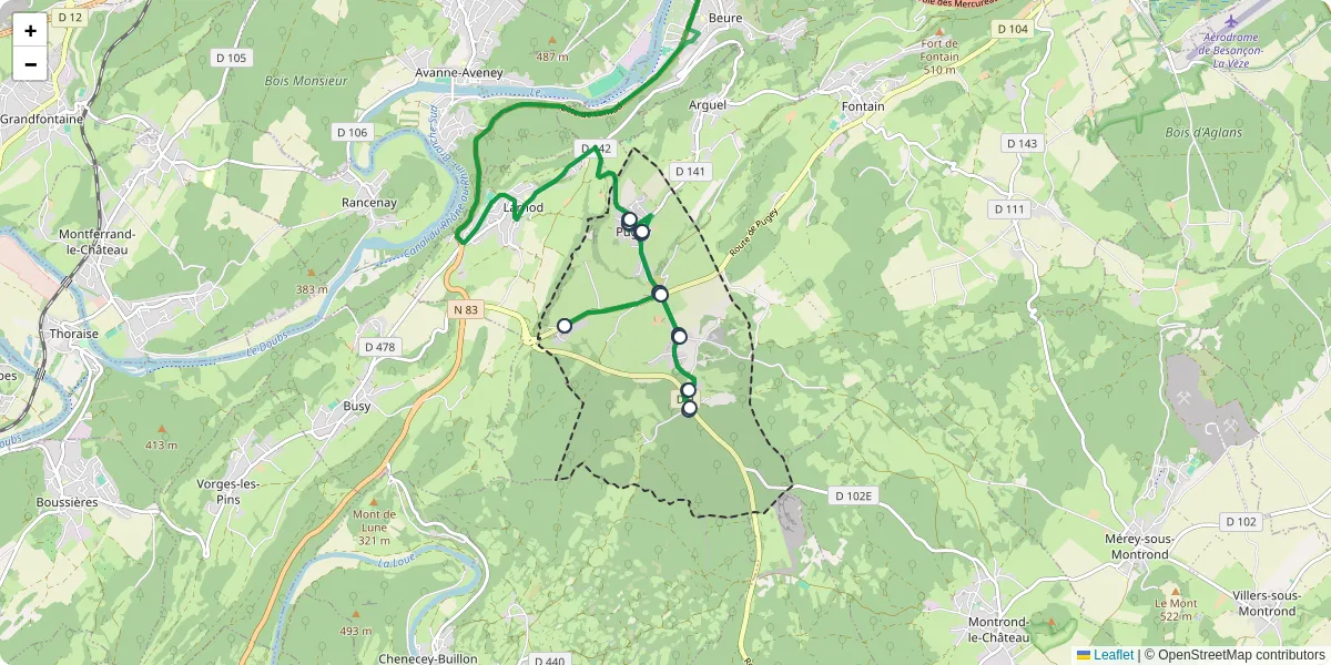 Carte du réseau de transport en commun à Pugey - lignes de bus et arrêts
