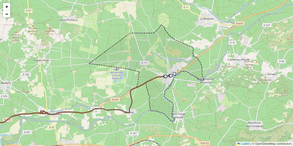 Carte du réseau de transport en commun à Puichéric - lignes de bus et arrêts