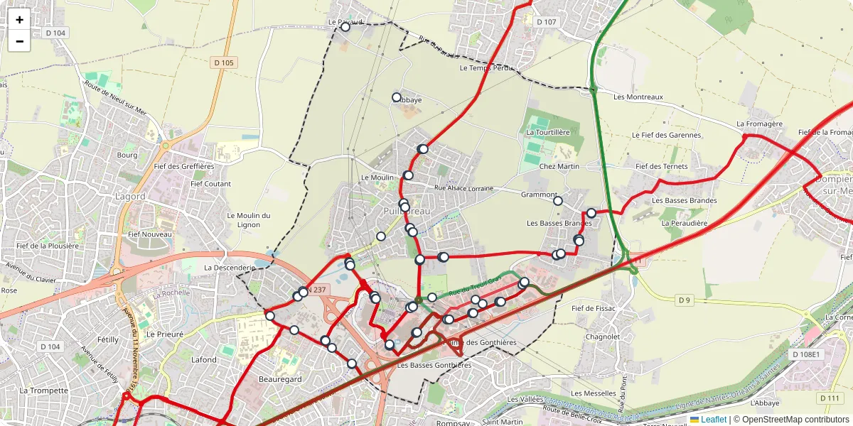 Carte du réseau de transport en commun à Puilboreau - lignes de bus et arrêts