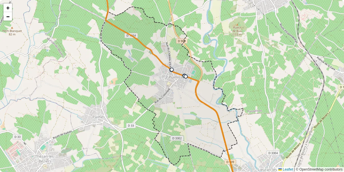 Carte du réseau de transport en commun à Puimisson - lignes de bus et arrêts