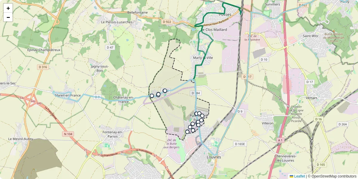 Carte du réseau de transport en commun à Puiseux-en-France - lignes de bus et arrêts