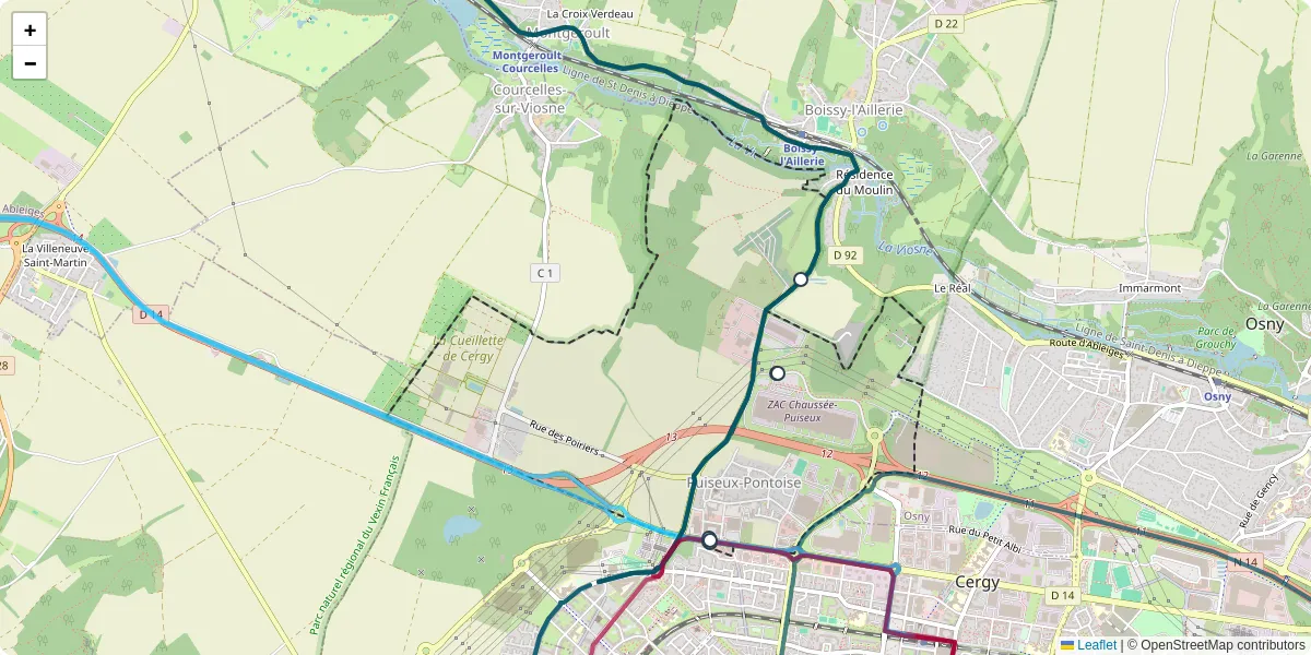 Carte du réseau de transport en commun à Puiseux-Pontoise - lignes de bus et arrêts