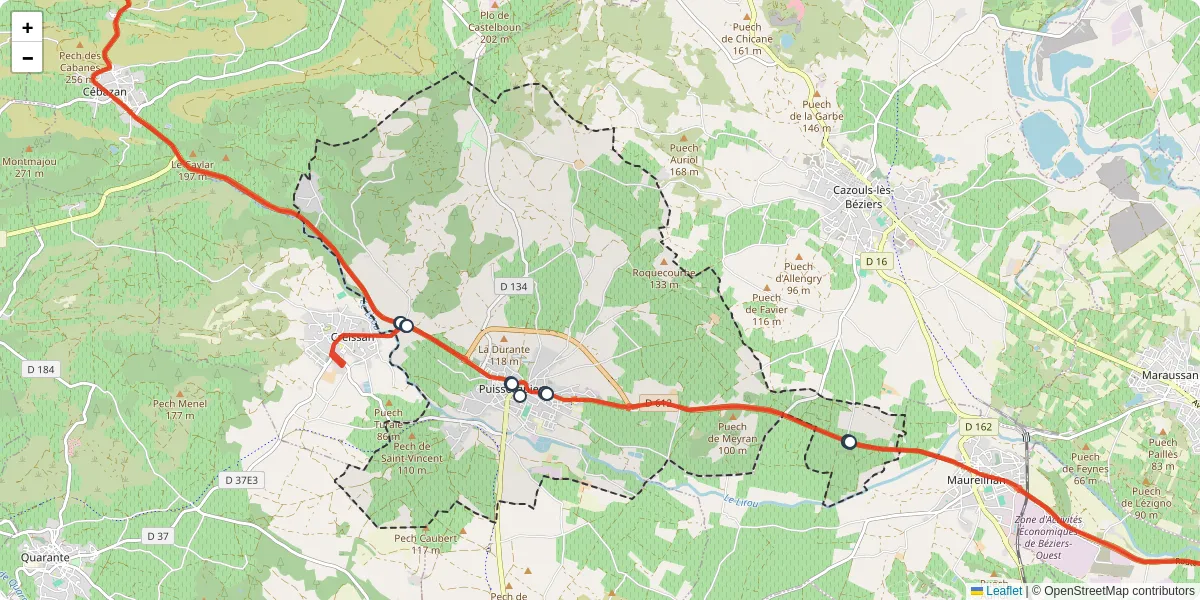 Carte du réseau de transport en commun à Puisserguier - lignes de bus et arrêts
