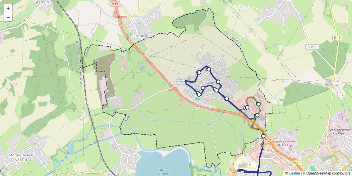 Carte du réseau de transport en commun à Pusey - lignes de bus et arrêts
