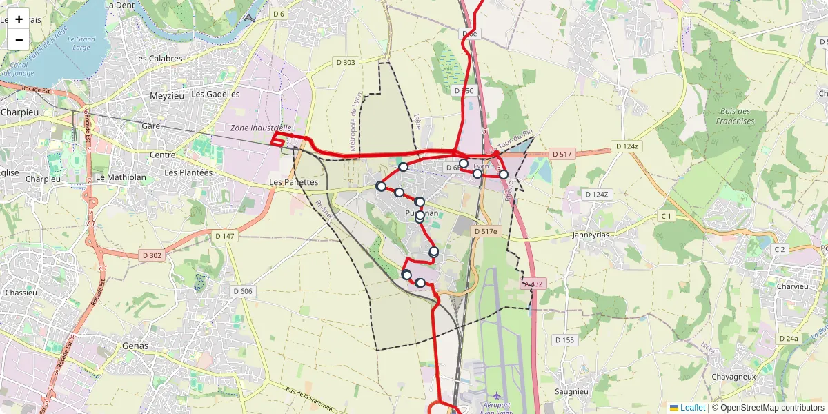 Carte du réseau de transport en commun à Pusignan - lignes de bus et arrêts