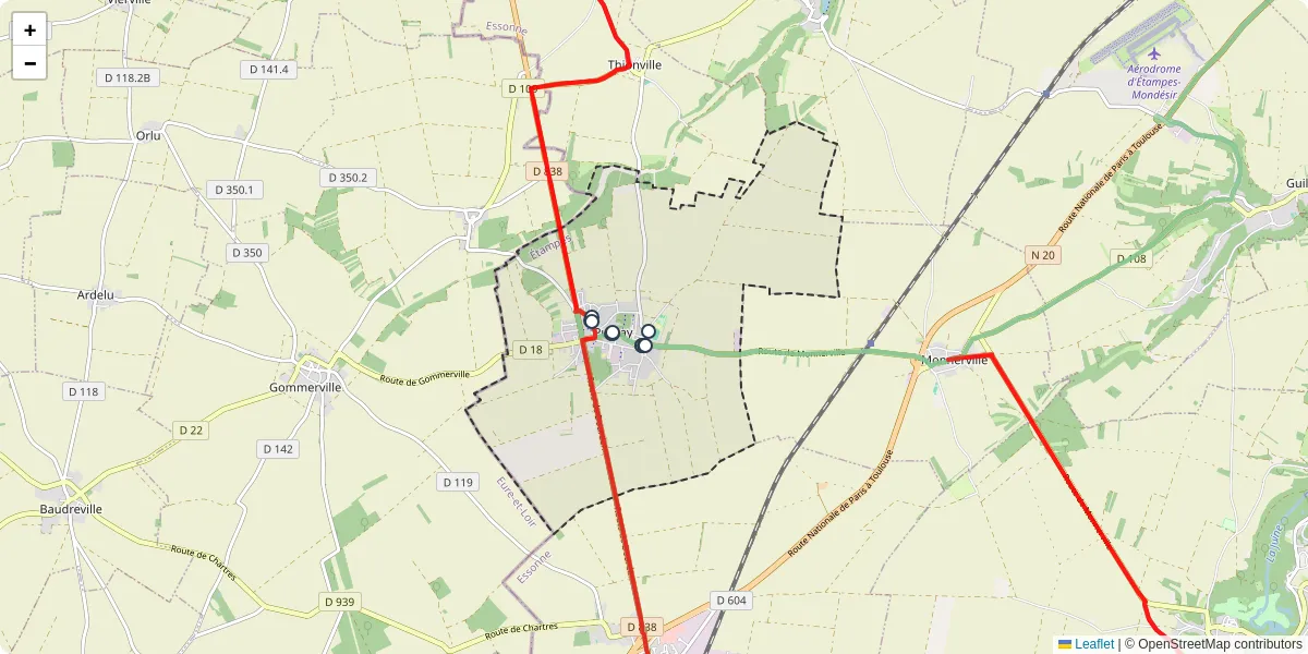 Carte du réseau de transport en commun à Pussay - lignes de bus et arrêts