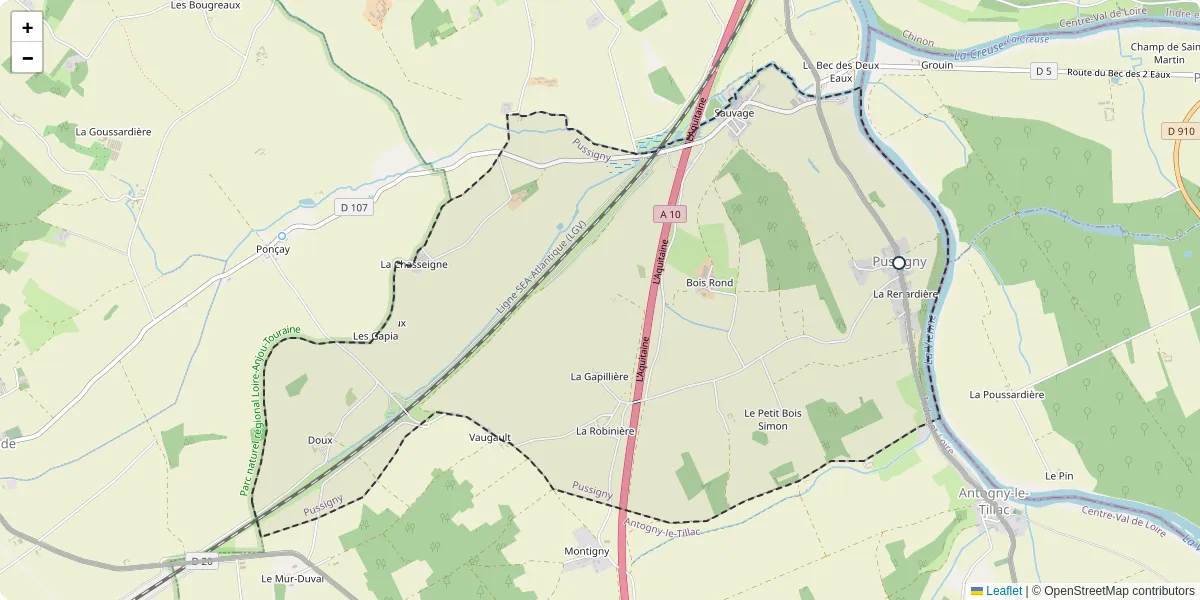 Carte du réseau de transport en commun à Pussigny - lignes de bus et arrêts