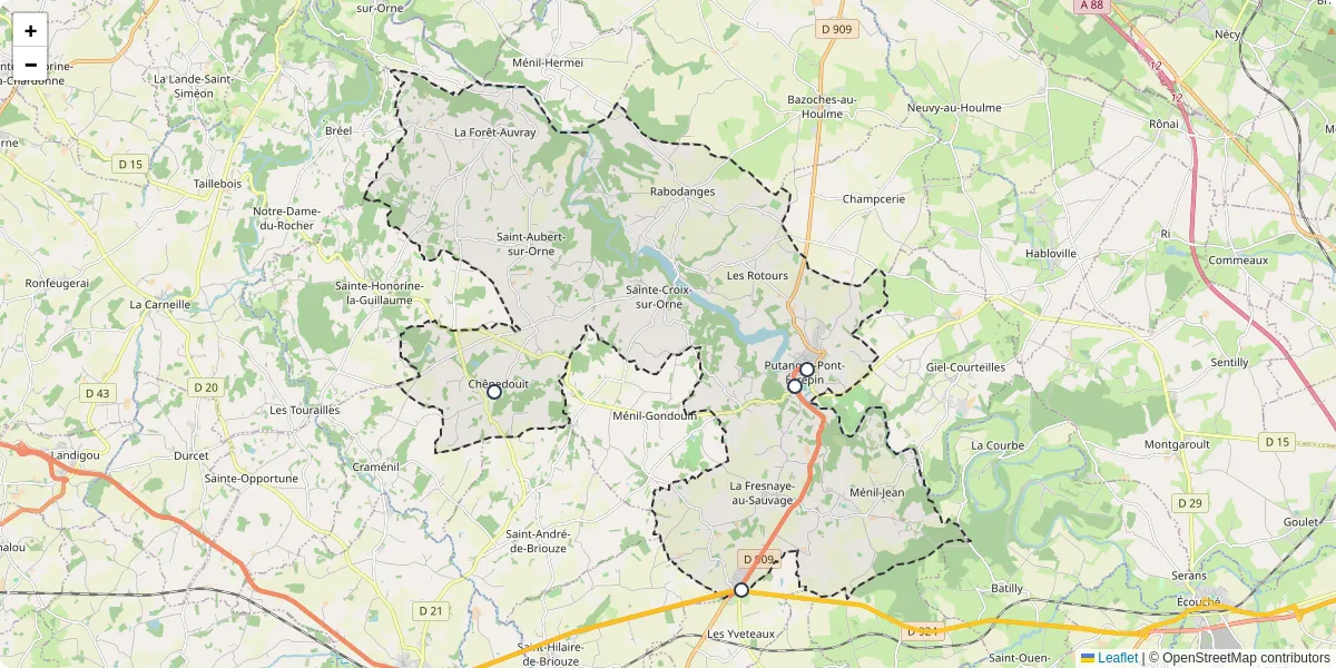 Carte du réseau de transport en commun à Putanges-le-Lac - lignes de bus et arrêts