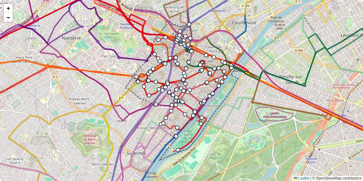 Carte du réseau de transport en commun à Puteaux - lignes de bus et arrêts