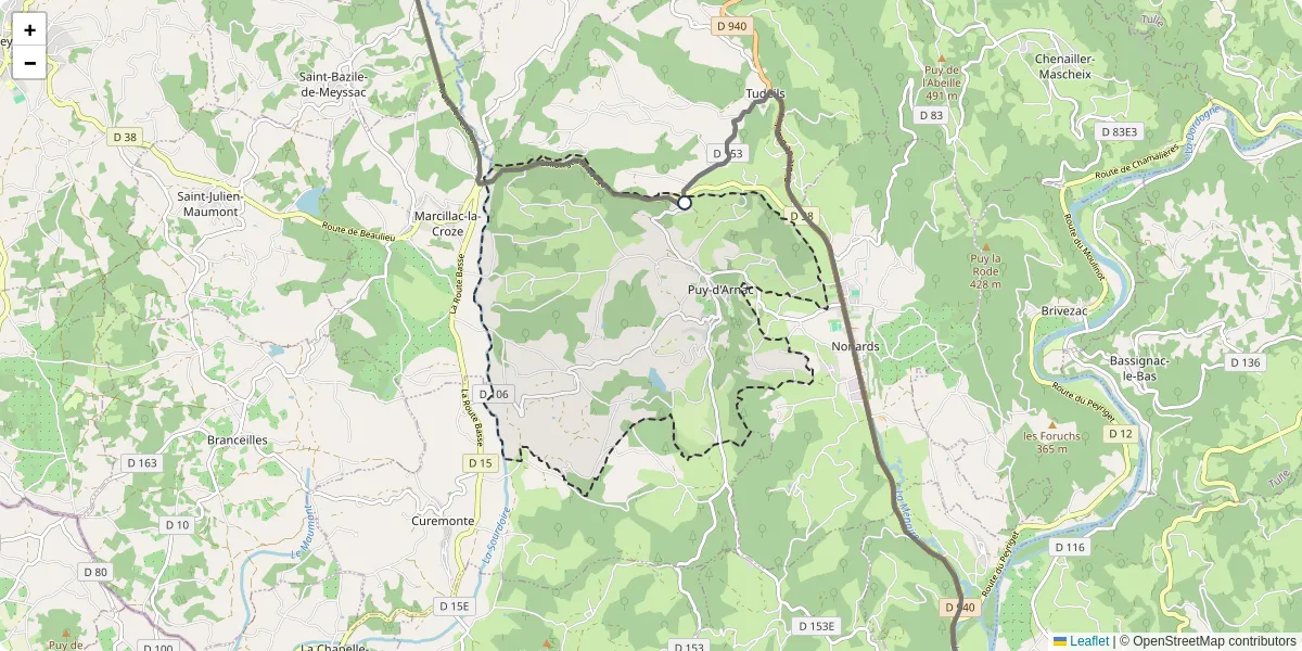 Carte du réseau de transport en commun à Puy-d'Arnac - lignes de bus et arrêts