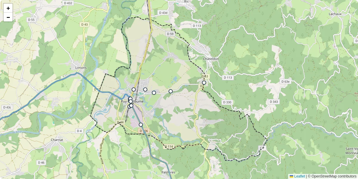 Carte du réseau de transport en commun à Puy-Guillaume - lignes de bus et arrêts