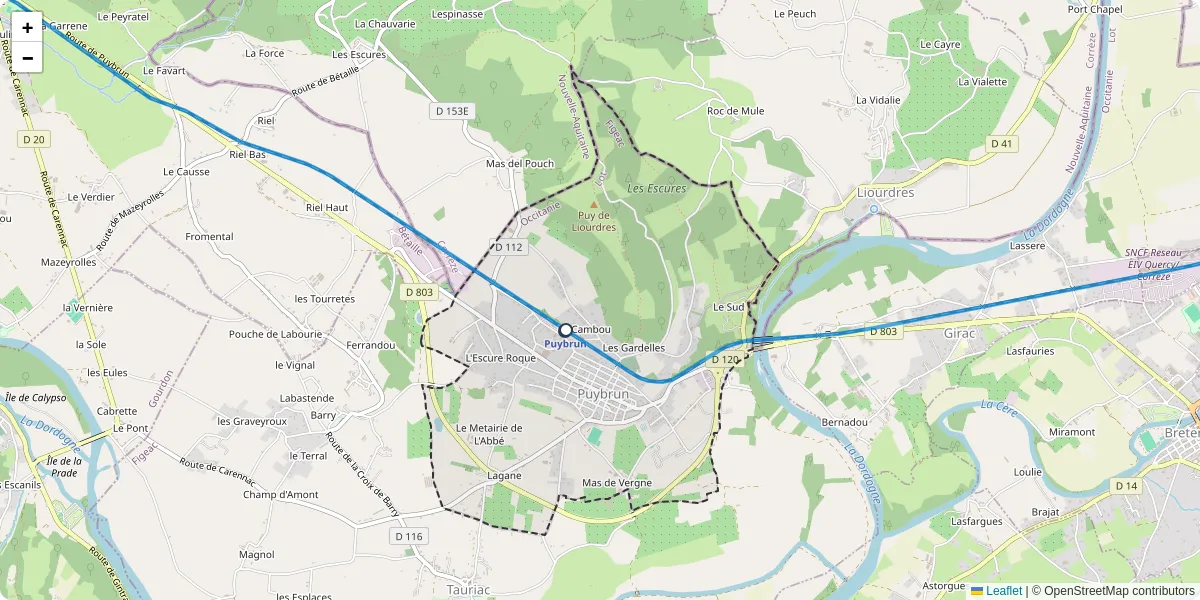 Carte du réseau de transport en commun à Puybrun - lignes de bus et arrêts