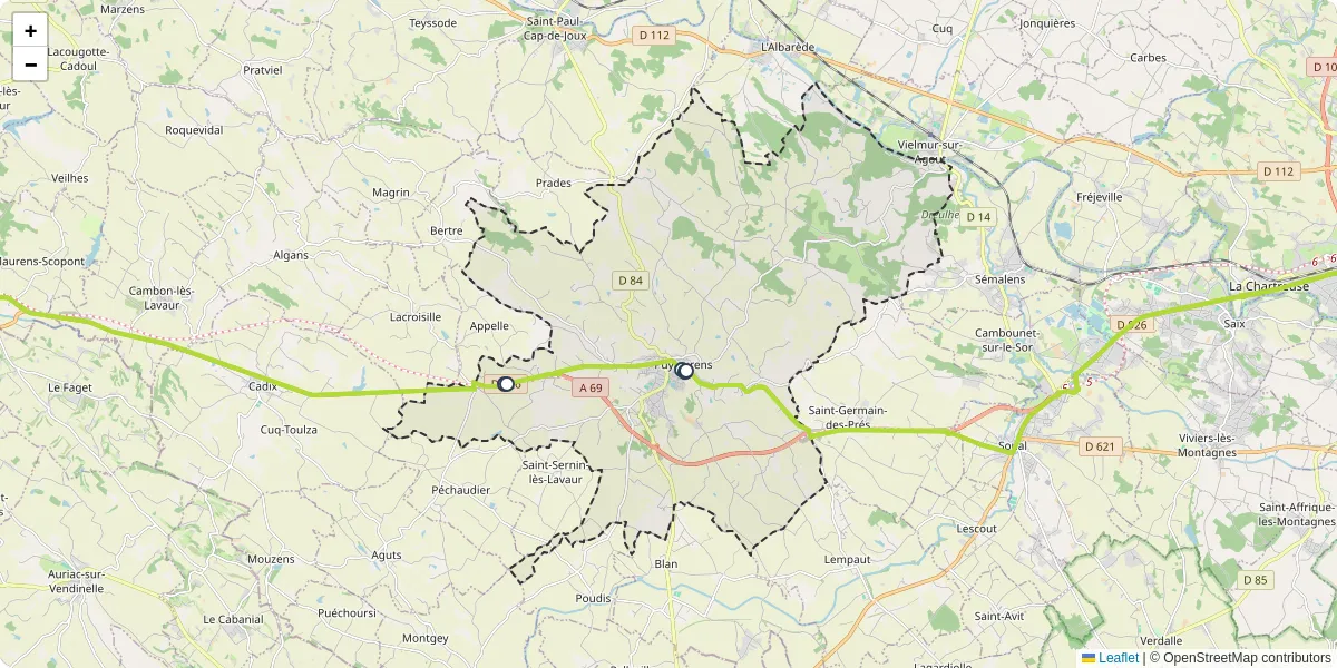 Carte du réseau de transport en commun à Puylaurens - lignes de bus et arrêts