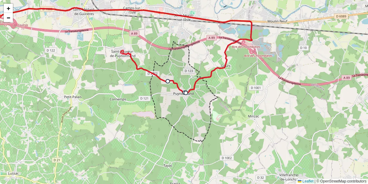 Carte du réseau de transport en commun à Puynormand - lignes de bus et arrêts