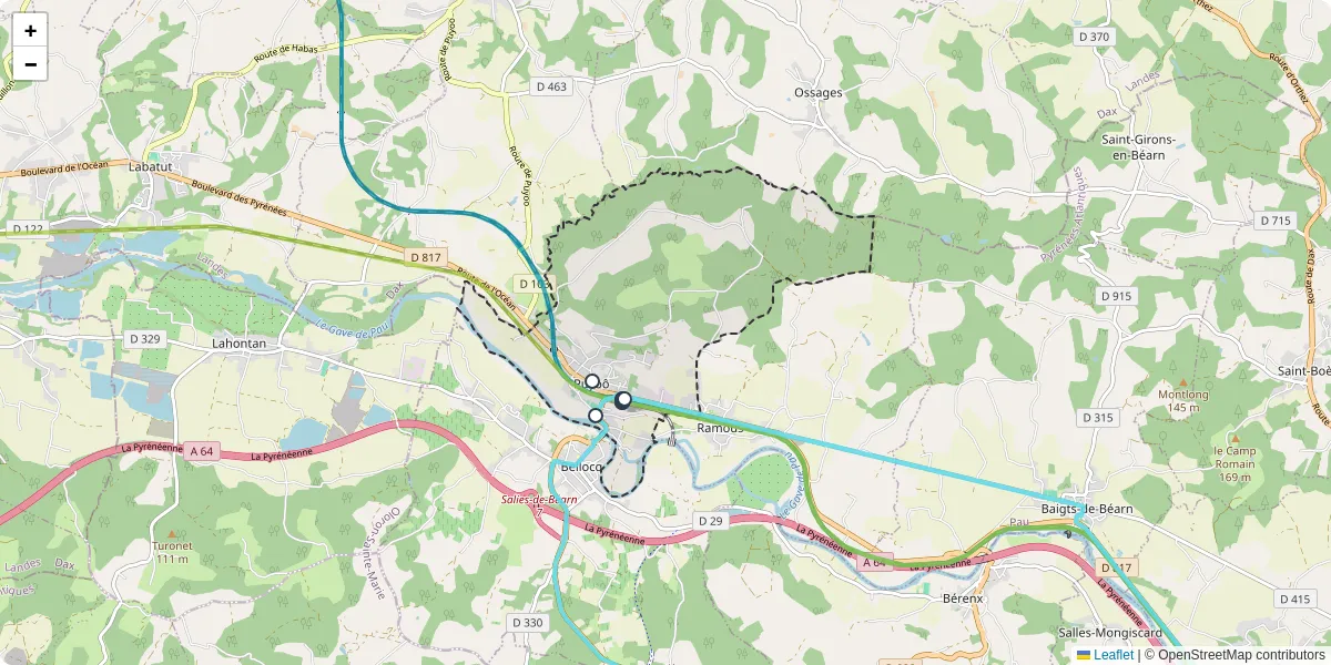 Carte du réseau de transport en commun à Puyoô - lignes de bus et arrêts