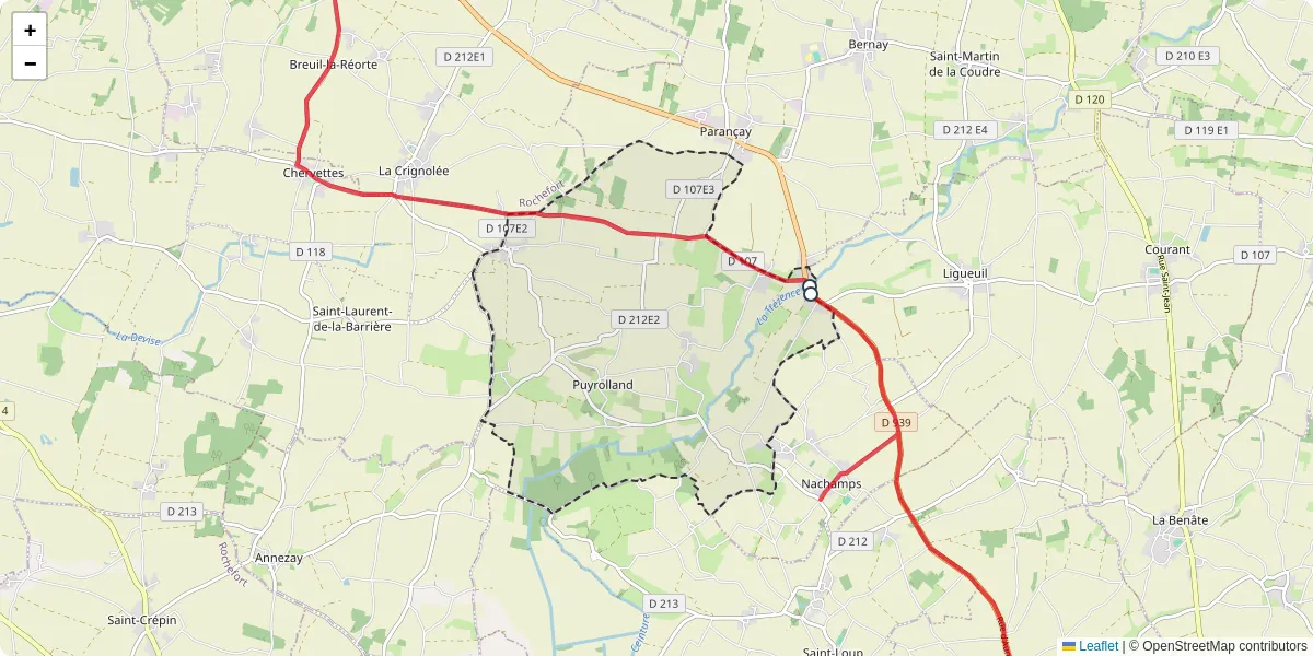 Carte du réseau de transport en commun à Puyrolland - lignes de bus et arrêts