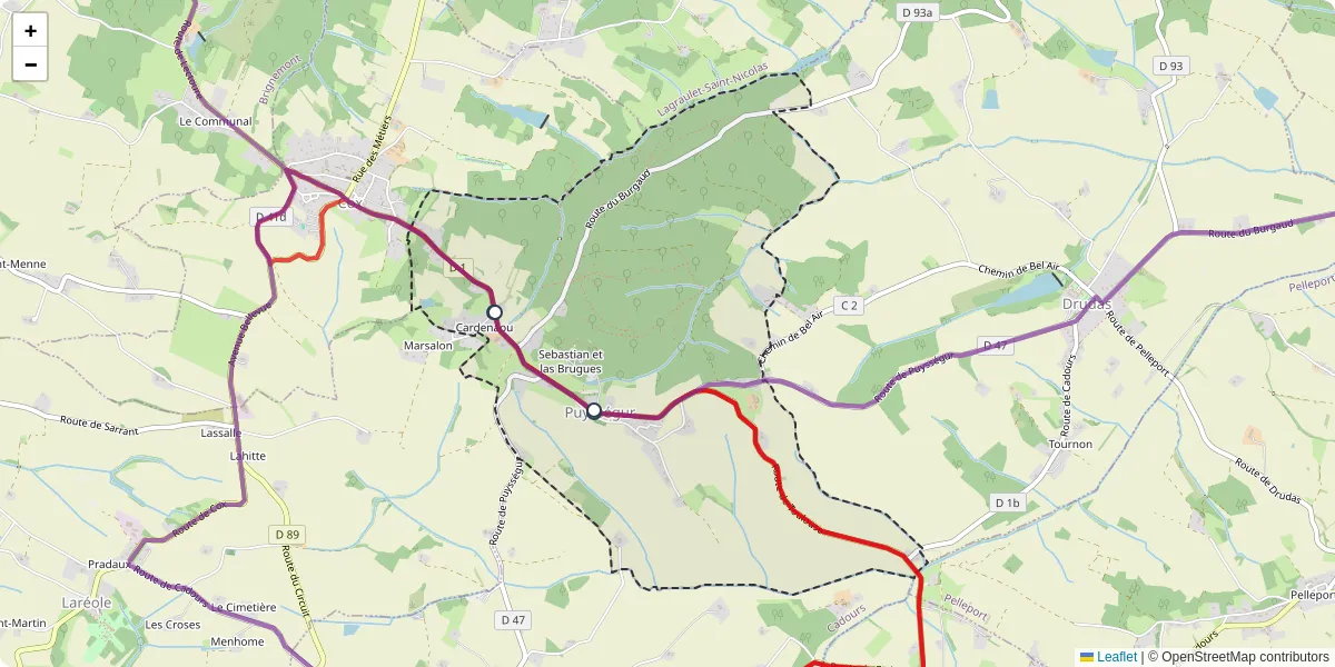 Carte du réseau de transport en commun à Puysségur - lignes de bus et arrêts