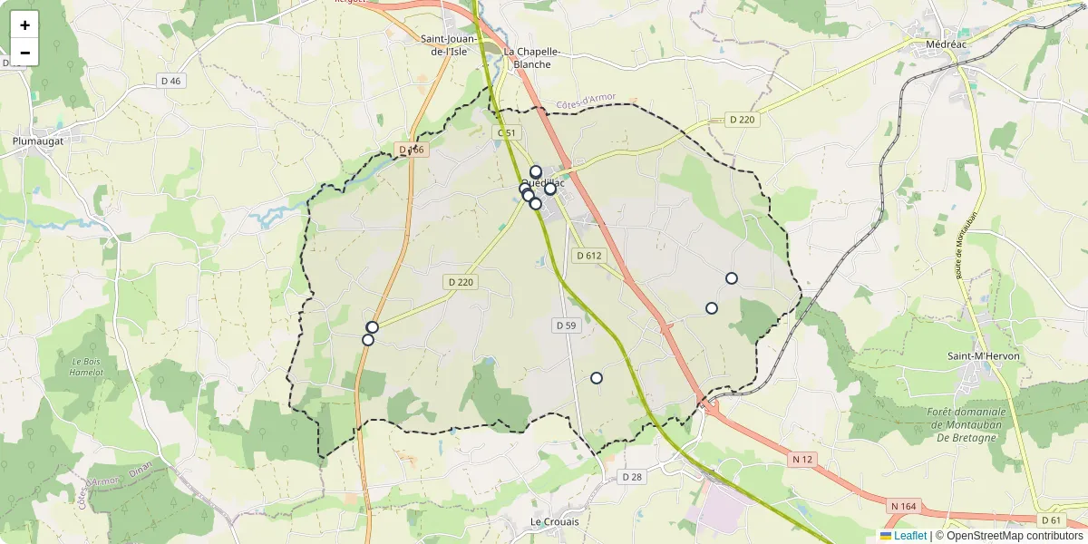 Carte du réseau de transport en commun à Quédillac - lignes de bus et arrêts