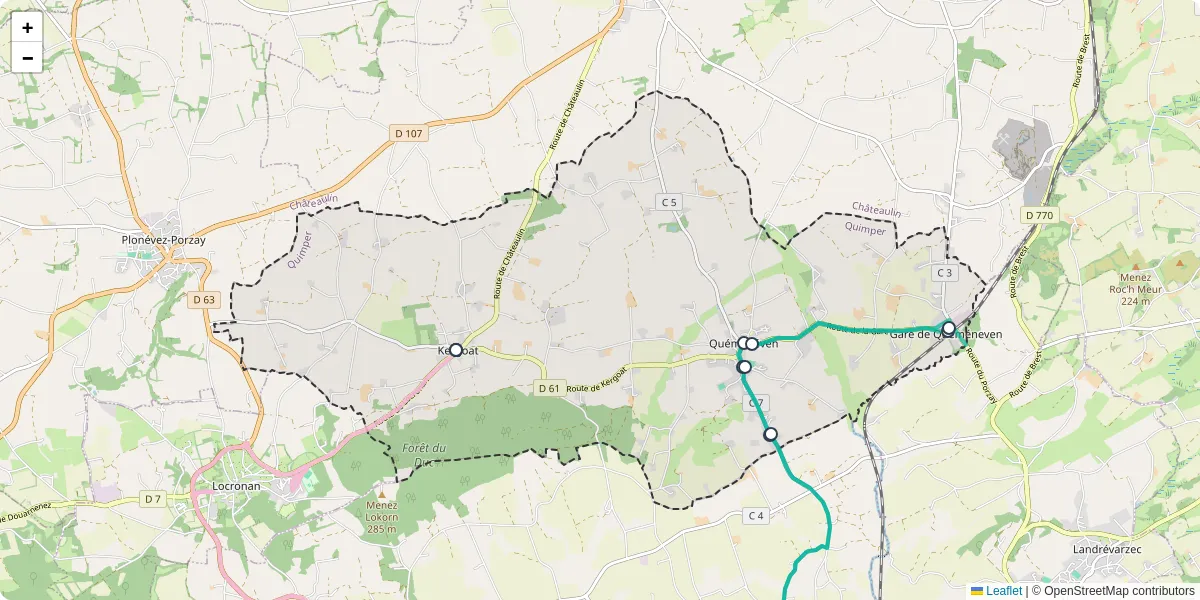 Carte du réseau de transport en commun à Quéménéven - lignes de bus et arrêts