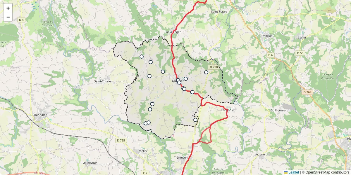 Carte du réseau de transport en commun à Querrien - lignes de bus et arrêts
