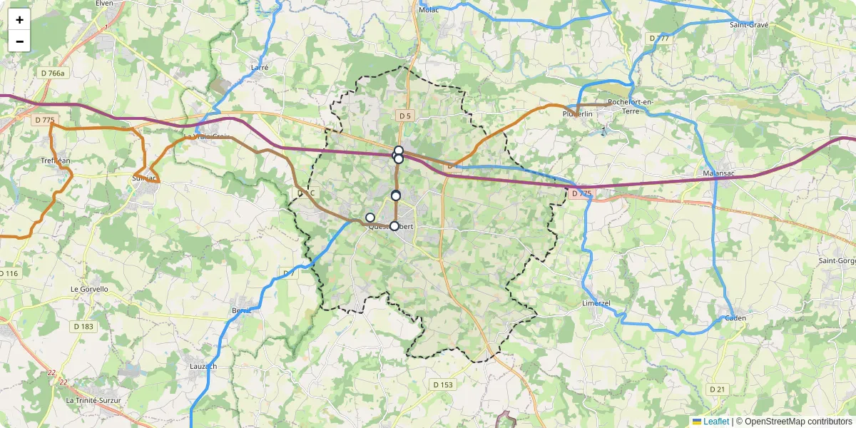 Carte du réseau de transport en commun à Questembert - lignes de bus et arrêts